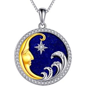 18k Lapis Lazuli Moon and Star Diamond Necklace Starry Night